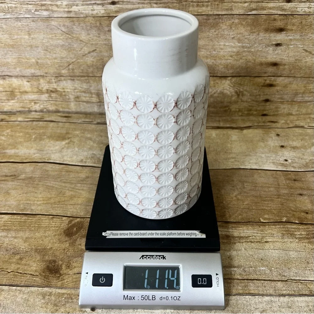 FTD White Ceramic Textured Medallion Vase Distressed Boho Farmhouse Decor 8 Inch